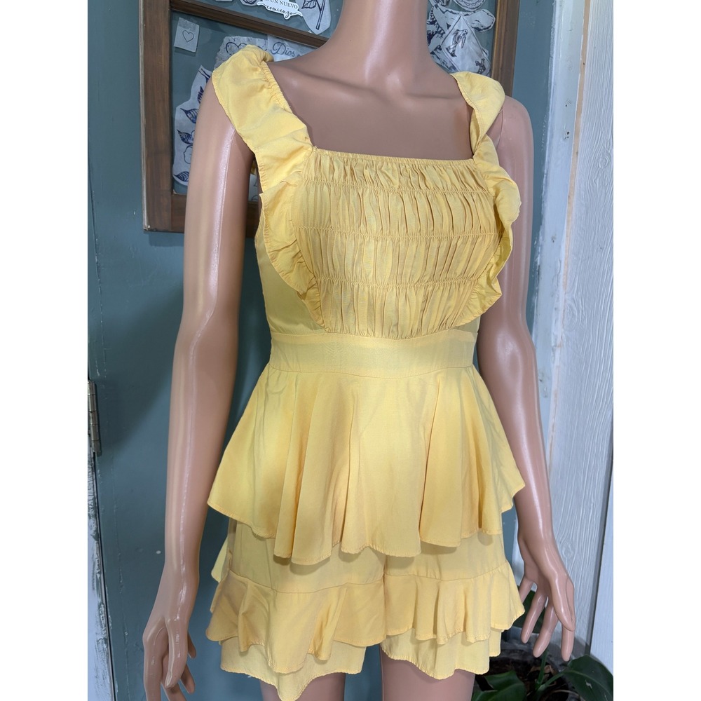 Humanoid Silk Yellow Smocked Ruffle Tiered Romper PY1510 Small